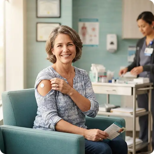 Smiling patient with a plaster on her arm after her flu jab