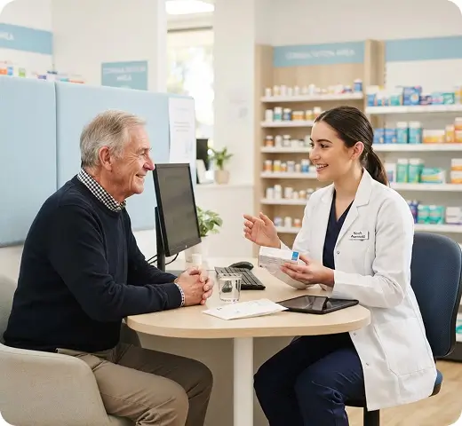 Pharmacist discussing the flu jab with an older patient
