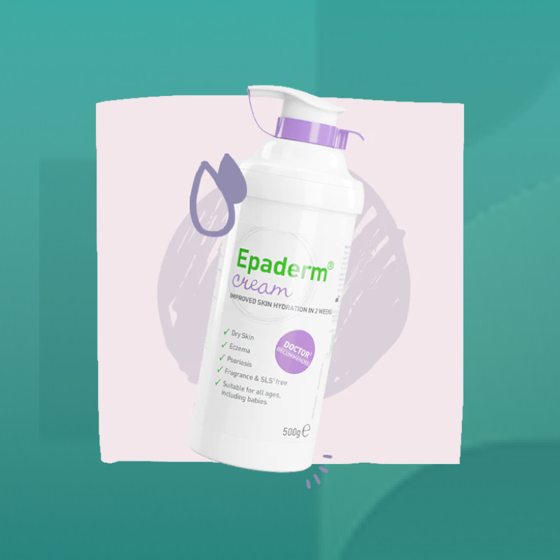 Epaderm Cream bottle with pump dispenser in white and purple packaging suitable for dry skin eczema and psoriasis providing gentle hydration available at Star Pharmacy UK.