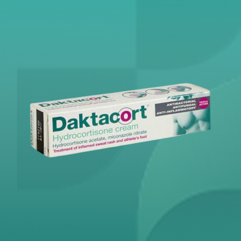 Daktacort Hydrocortisone Cream box showing antibacterial antifungal and anti inflammatory properties for sweat rash and athletes foot available at Star Pharmacy UK.
