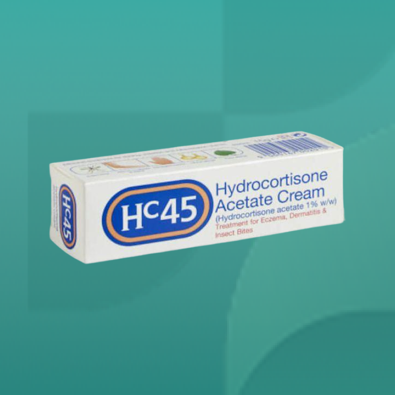 HC45 Hydrocortisone Acetate Cream box for eczema dermatitis and insect bites white and blue packaging containing 1 percent hydrocortisone acetate available from Star Pharmacy.