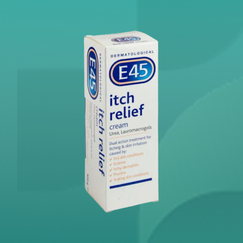 E45 Itch Relief Cream box in white and blue packaging for dry skin conditions eczema and itching dual action formula available from Star Pharmacy UK.