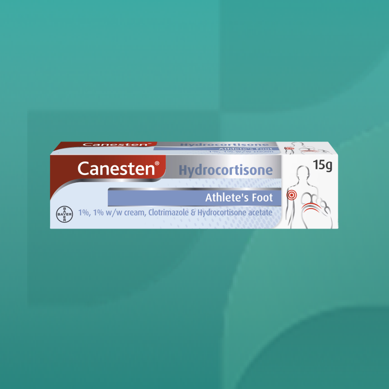 Canesten Hydrocortisone Cream box in red and white packaging for athletes foot treatment combining clotrimazole and hydrocortisone acetate available from Star Pharmacy.