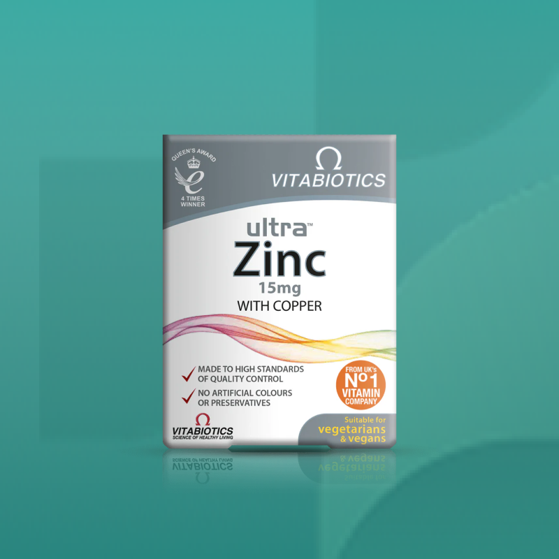 Vitabiotics Ultra Zinc with Copper supplement box in white and silver packaging with rainbow accents supporting immune system and cell health available from Star Pharmacy UK.