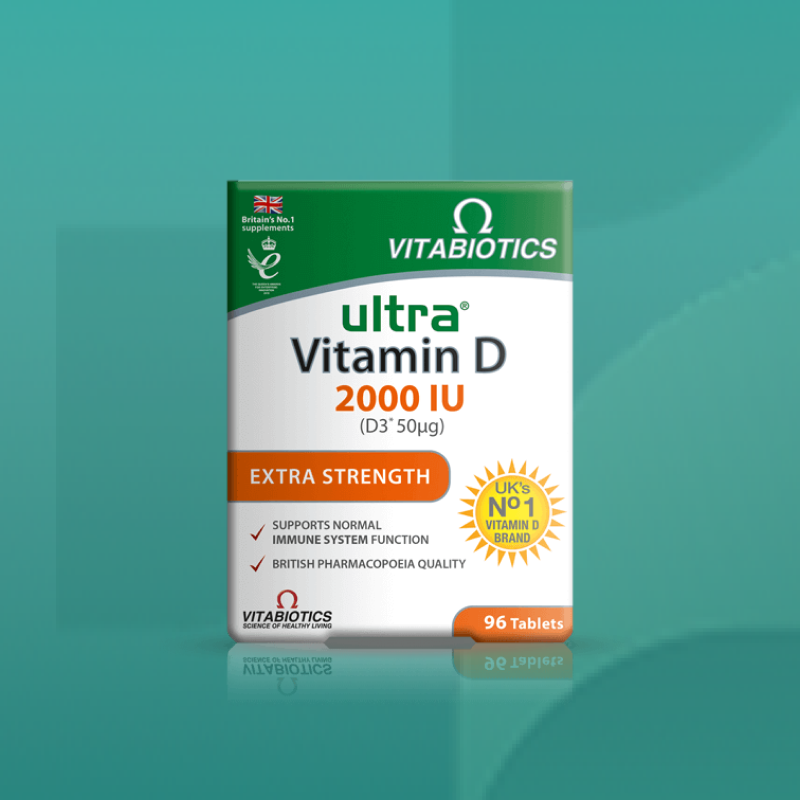 Vitabiotics Ultra Vitamin D 2000 IU extra strength box with green and orange design formulated for immune and bone support British made and available at Star Pharmacy UK.