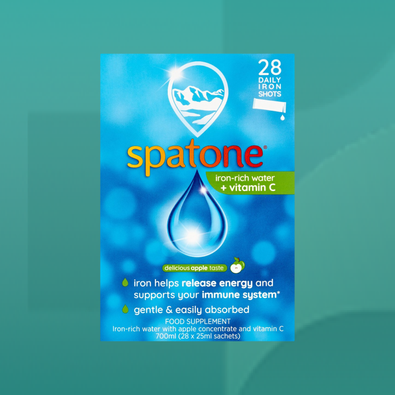 Spatone iron rich water with vitamin C box in bright blue packaging with droplet design offering gentle iron supplement with apple flavour available at Star Pharmacy UK.