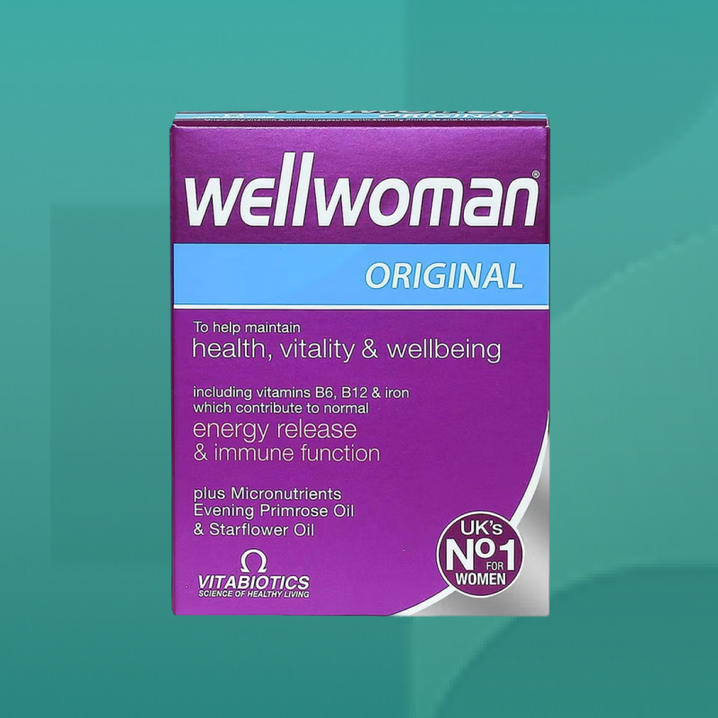 Vitabiotics Wellwoman Original vitamin pack in purple box with blue stripe formulated with B6 B12 iron and primrose oil to support energy release and immune health available at Star Pharmacy.
