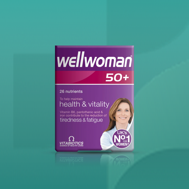 Wellwoman 50 Plus multivitamin pack by Vitabiotics featuring purple packaging with an image of a smiling mature woman supporting vitality and energy for women over 50 available at Star Pharmacy UK.