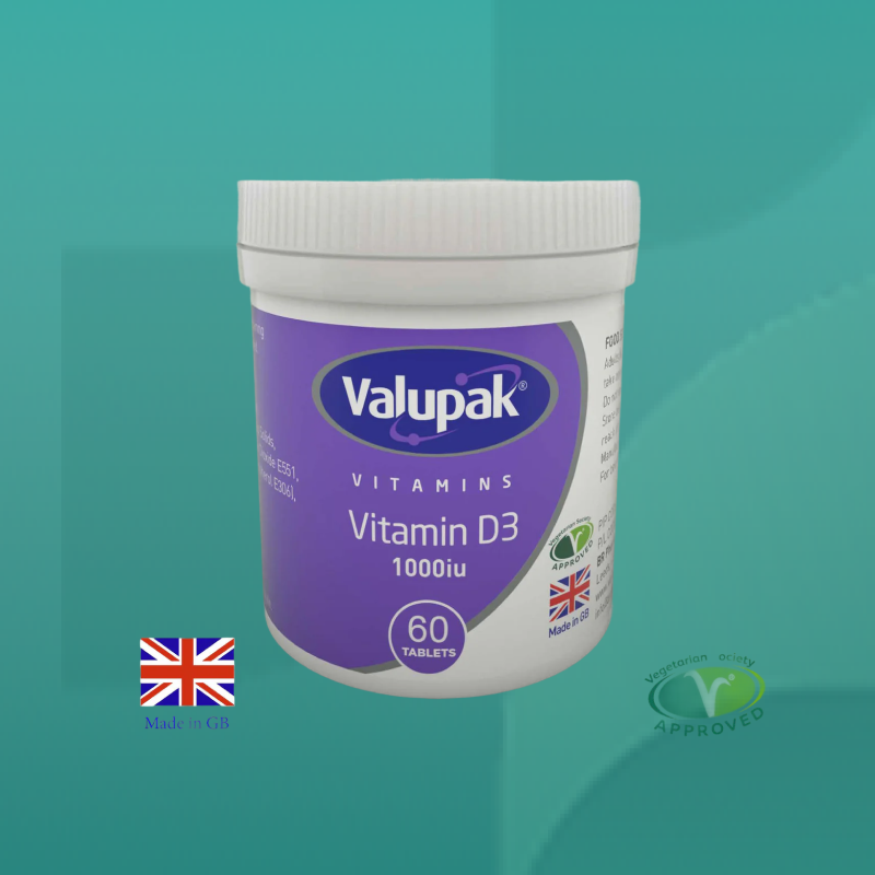 Valupak Vitamin D3 supplement tub with purple label and UK flag vegetarian approved tablets supporting bone strength and immunity available at Star Pharmacy.