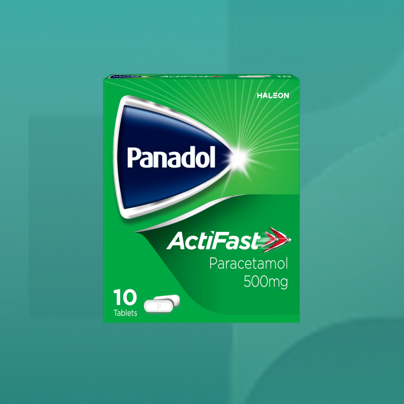 Panadol ActiFast Paracetamol 500mg tablets green and blue packaging containing 10 fast acting tablets for effective pain and headache relief available from Star Pharmacy UK.