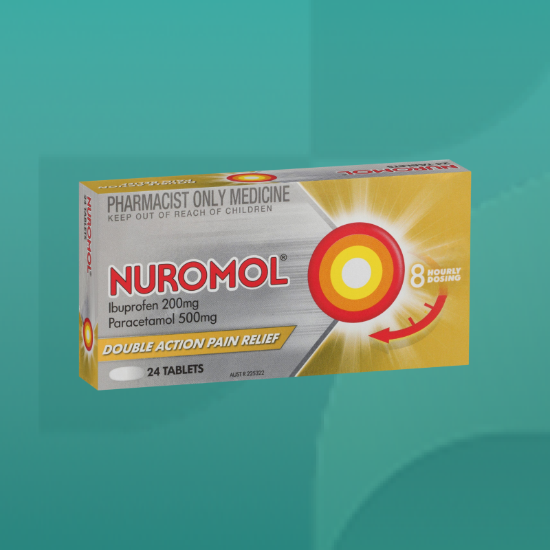 Nuromol Double Action Pain Relief tablets box containing ibuprofen 200mg and paracetamol 500mg providing up to 8 hours of dual pain relief available from Star Pharmacy UK.
