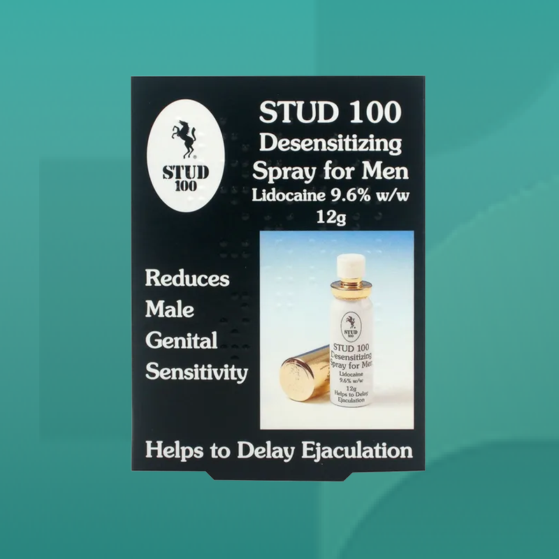 Stud 100 Desensitising Spray for Men black packaging containing 12g lidocaine spray to reduce male sensitivity and help delay ejaculation available from Star Pharmacy UK.