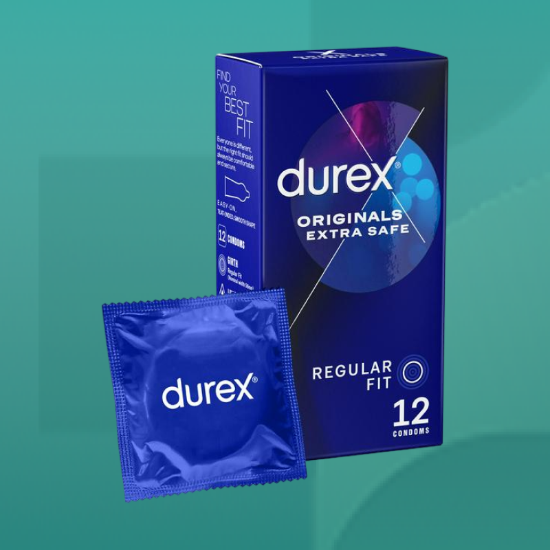 Durex Originals Extra Safe Condoms box with 12 regular fit condoms shown beside a single foil packet designed for extra protection and comfort available at Star Pharmacy UK.