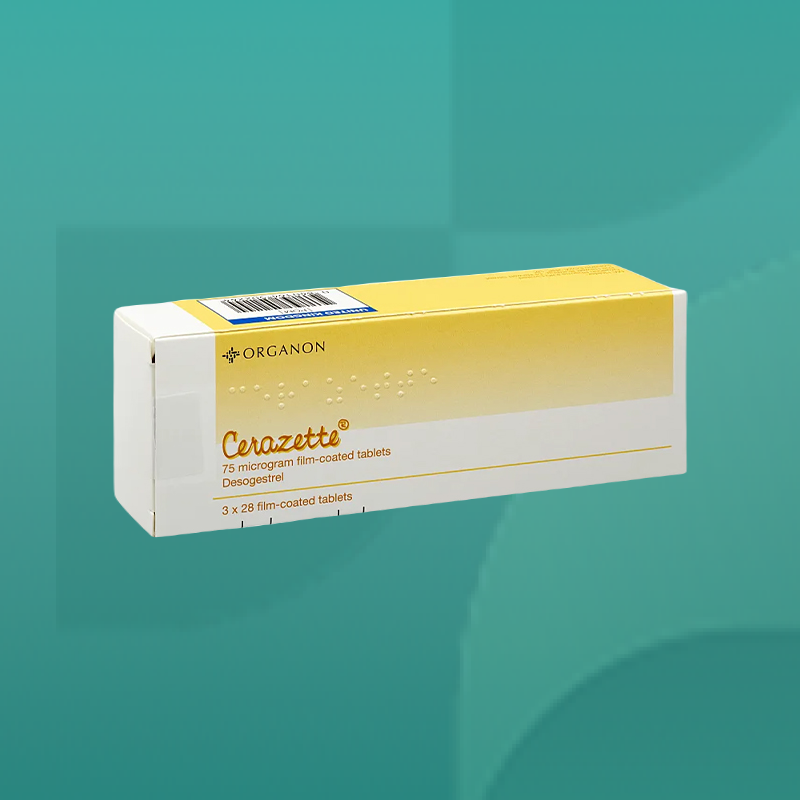 Cerazette 75 microgram desogestrel contraceptive tablets white and yellow packaging by Organon containing three strips of 28 tablets each for daily birth control available from Star Pharmacy.