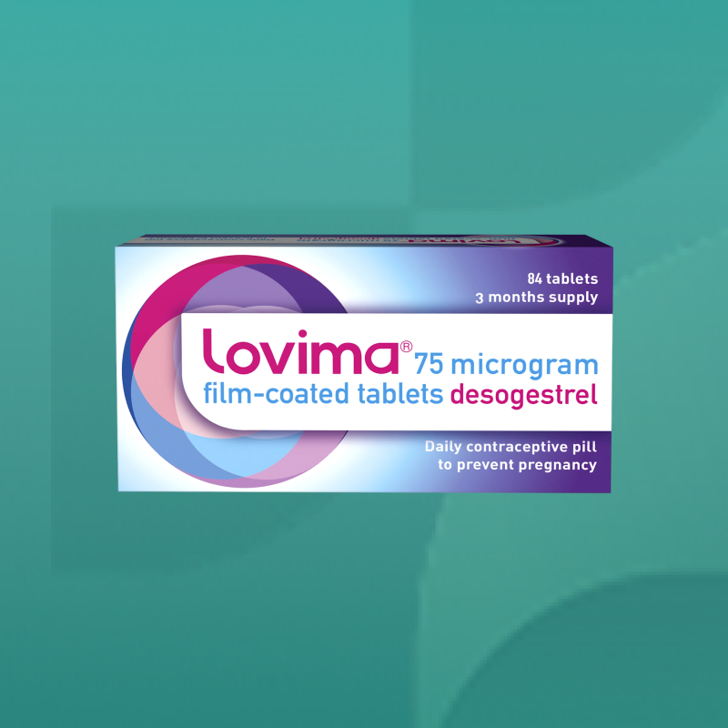 Lovima 75 microgram desogestrel contraceptive tablets in purple and blue packaging containing 84 film coated tablets providing daily birth control for women available at Star Pharmacy.