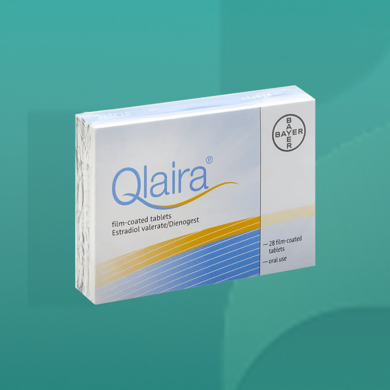 Qlaira oral contraceptive tablets by Bayer in white and gold packaging containing estradiol valerate and dienogest for hormonal birth control available at Star Pharmacy UK.