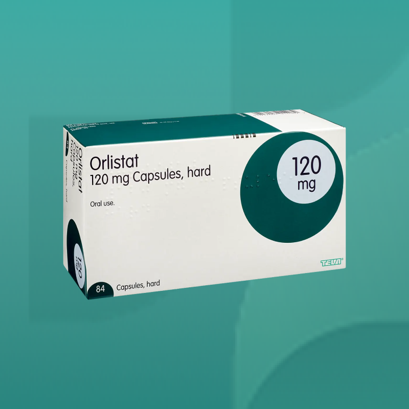 Orlistat 120 mg hard capsules box in white and green packaging containing 84 capsules designed for weight loss treatment available at Star Pharmacy UK.”
